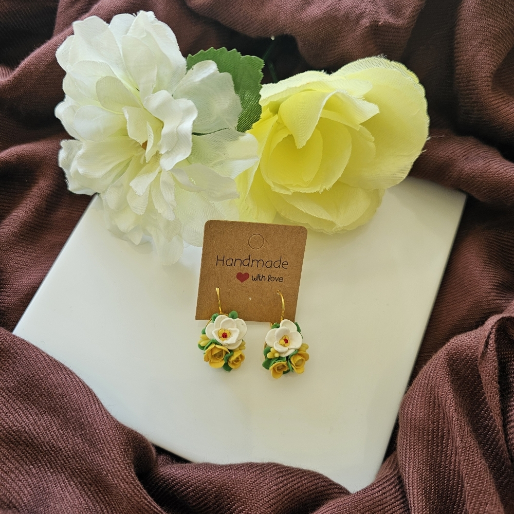 Handmade Floral Earrings with Yellow and White Roses